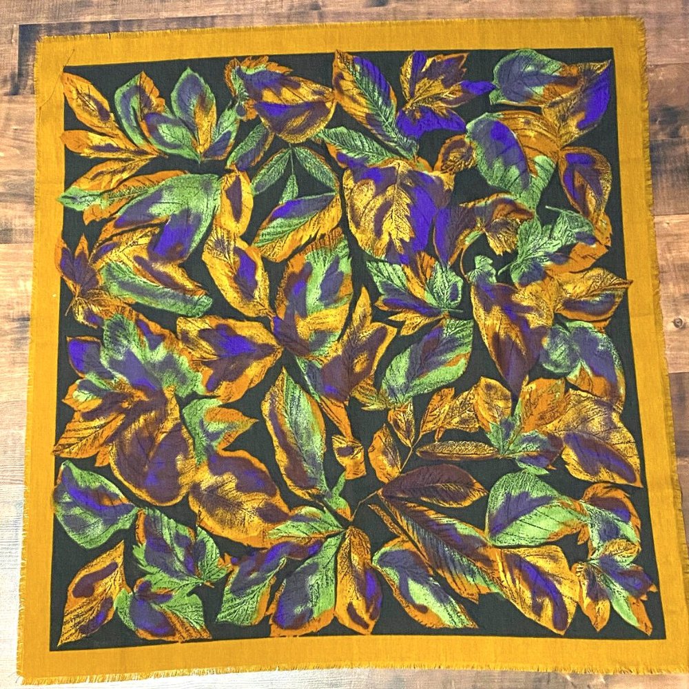 Square Scarf Made In Italy Leafy Pattern Brown Blue Tan 100% Polyester 31x 29